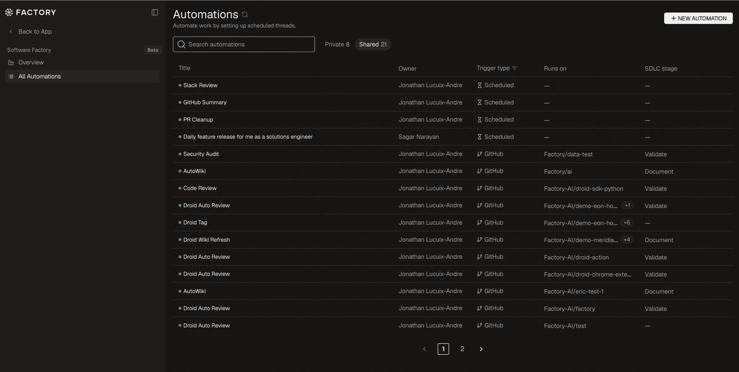 Automations list in the Factory App