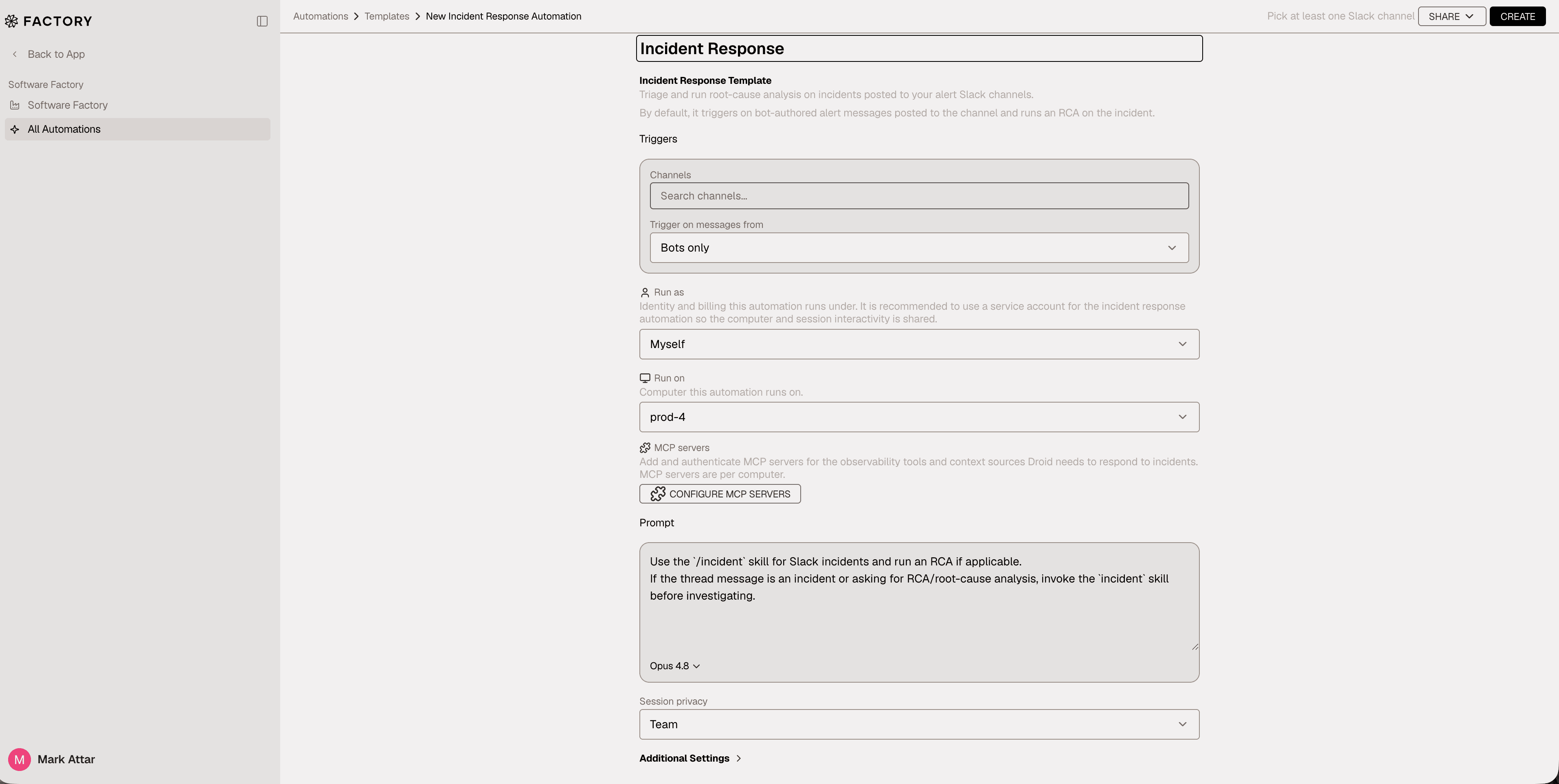 New Incident Response automation form