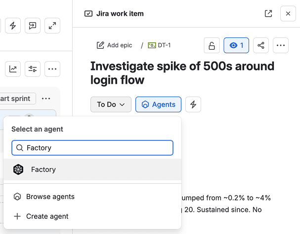 Jira issue with the Agents picker open and Factory selected in the search results