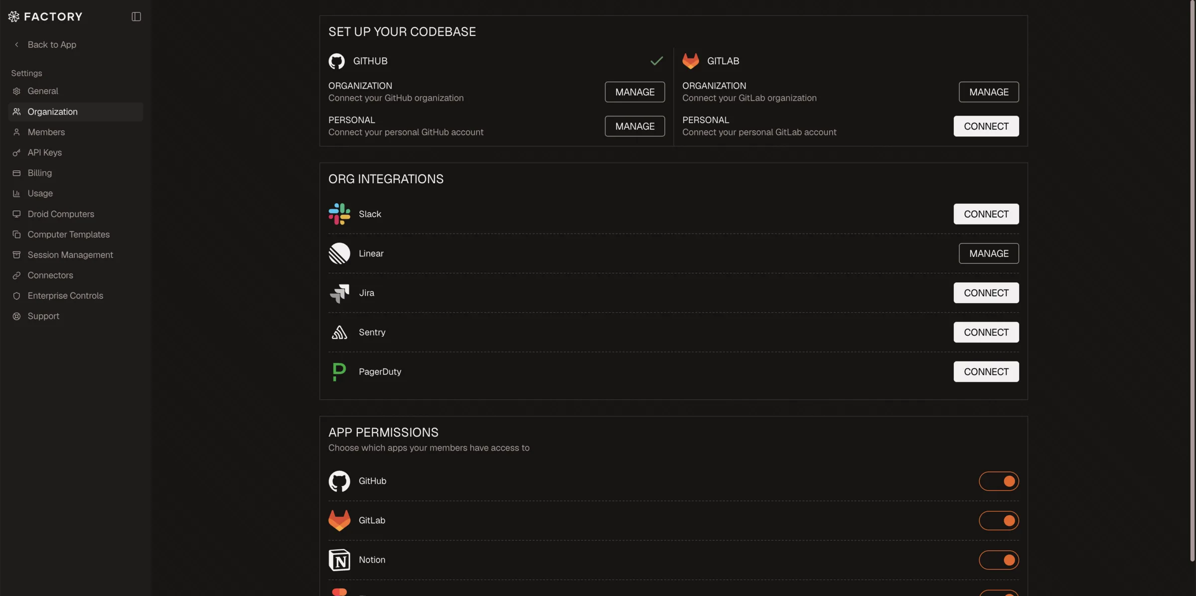 Factory Organization settings page showing Slack under Org Integrations