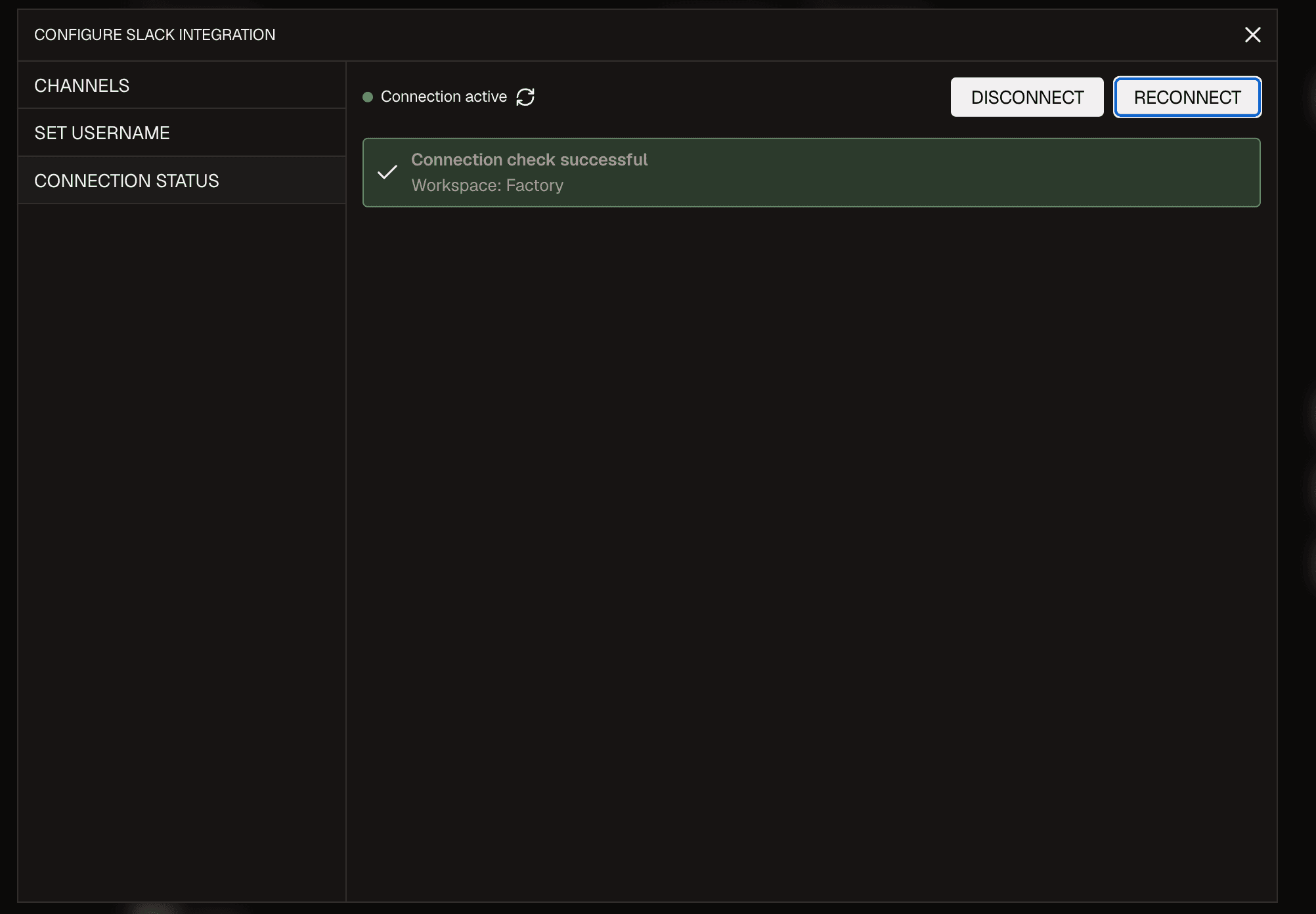 Factory Slack integration details showing the Reconnect button