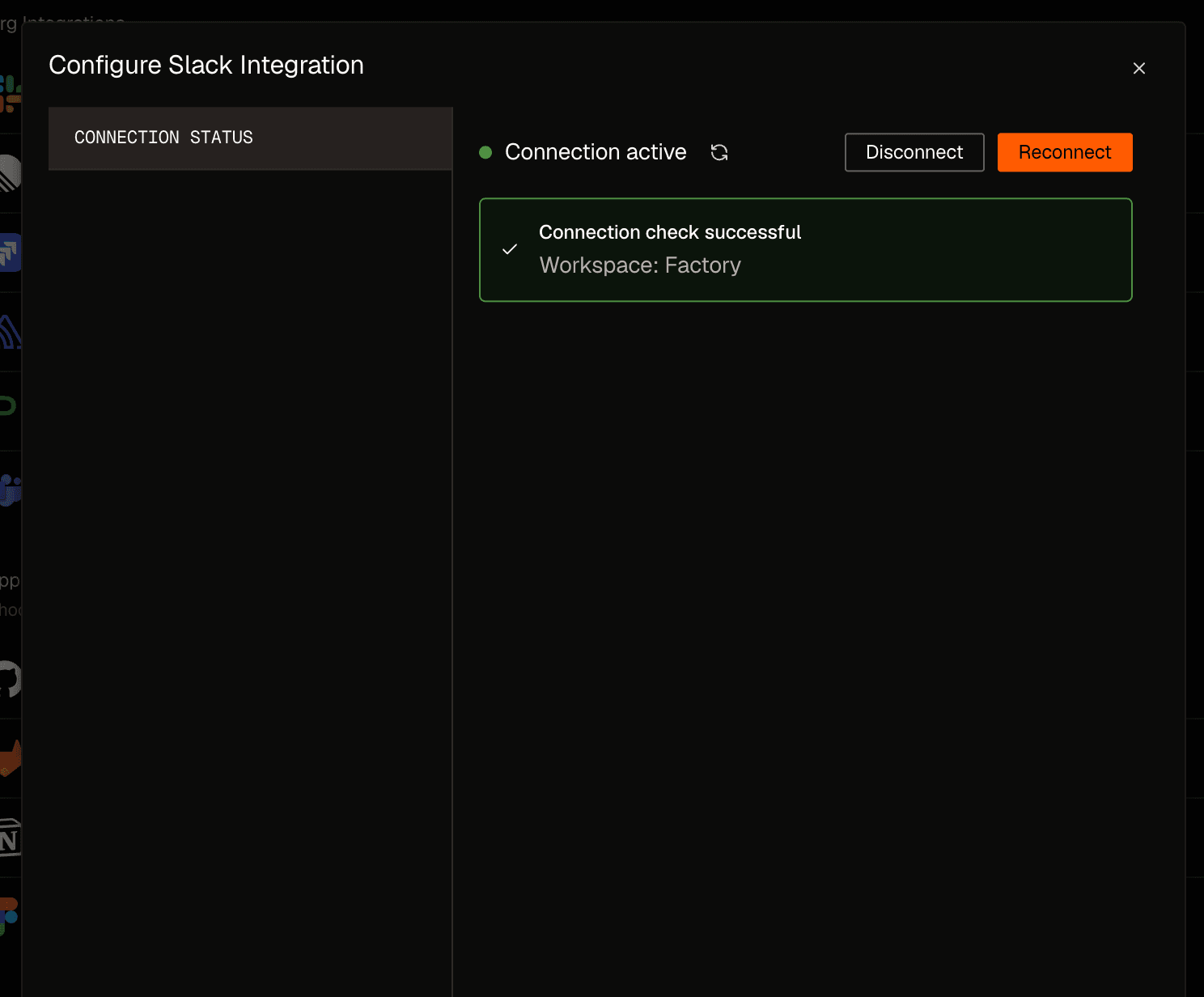 Factory Slack integration details showing the Reconnect button