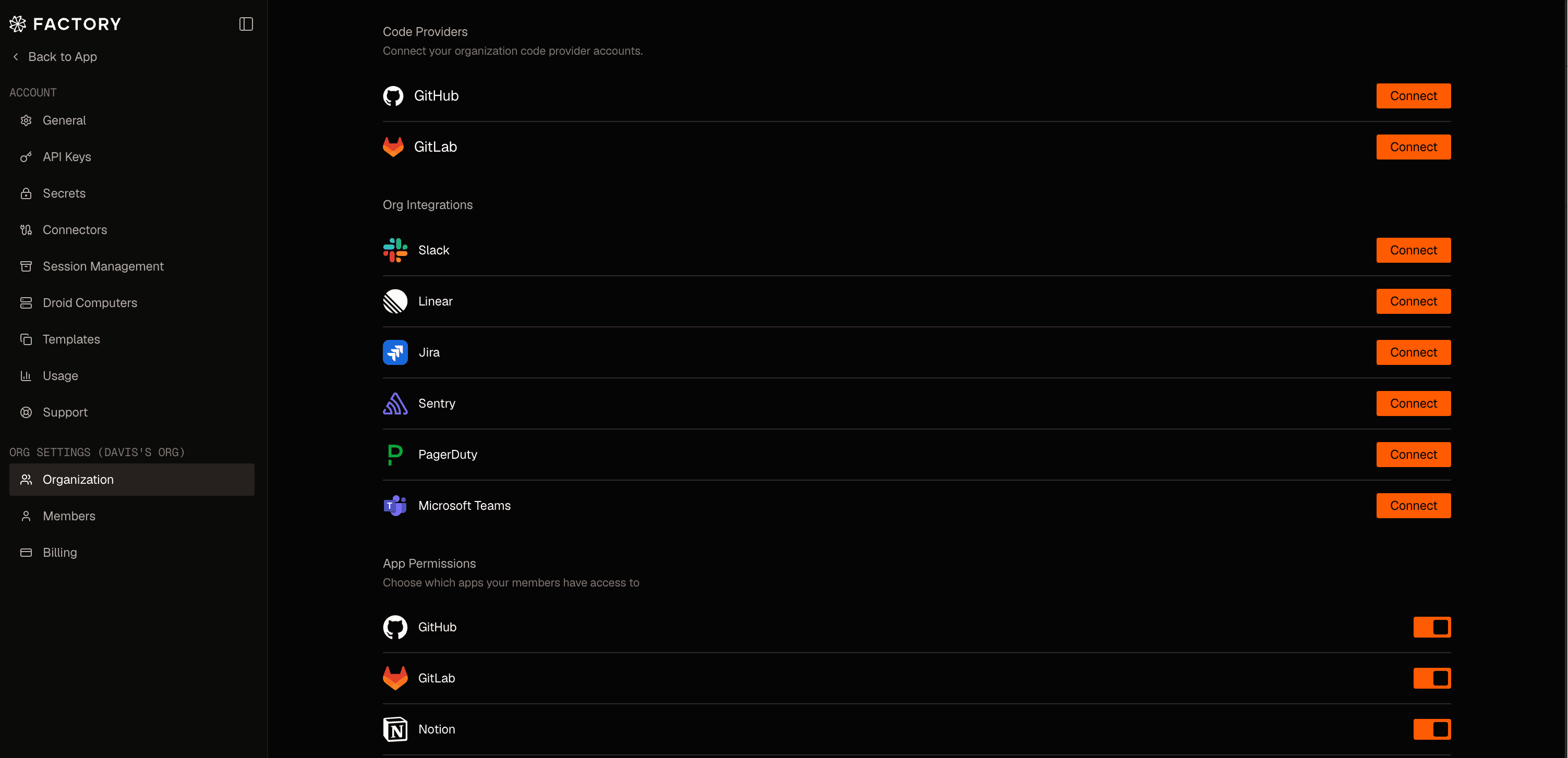 Factory Organization settings page showing Slack under Org Integrations