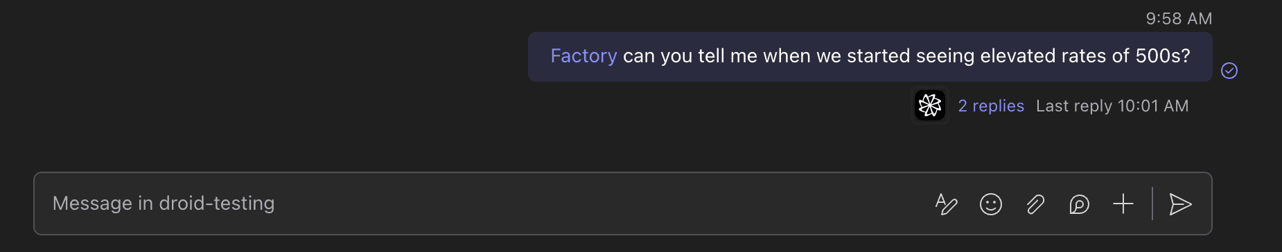 Microsoft Teams channel message mentioning Factory to investigate elevated rates of 500 errors, with replies in the thread